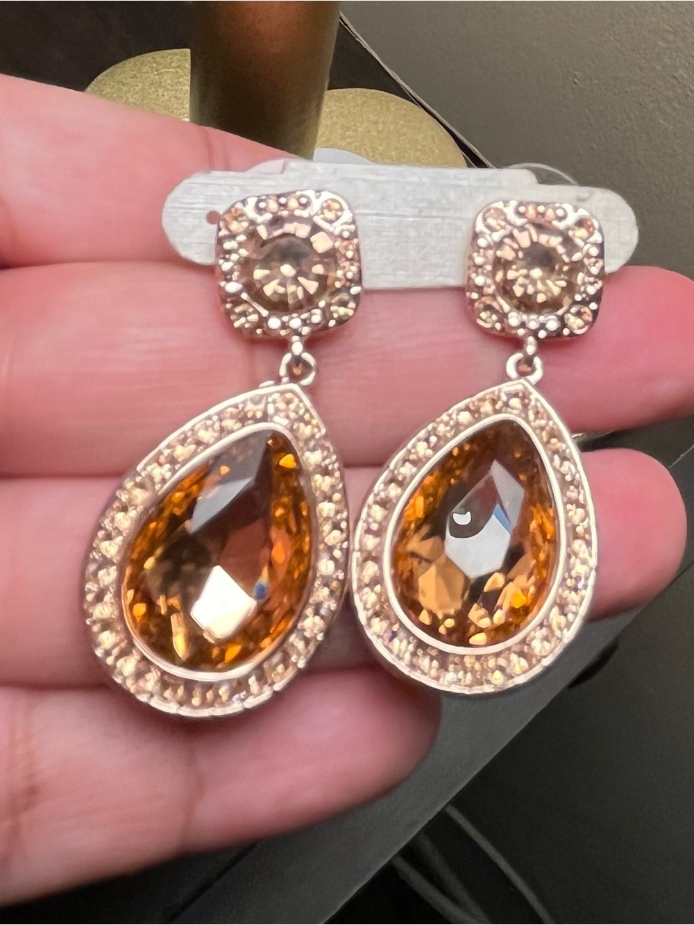 Tahari Rose Gold tone Teardrop Citrine Glass pierced Dangle Earrings NWOT - Picture 4 of 5